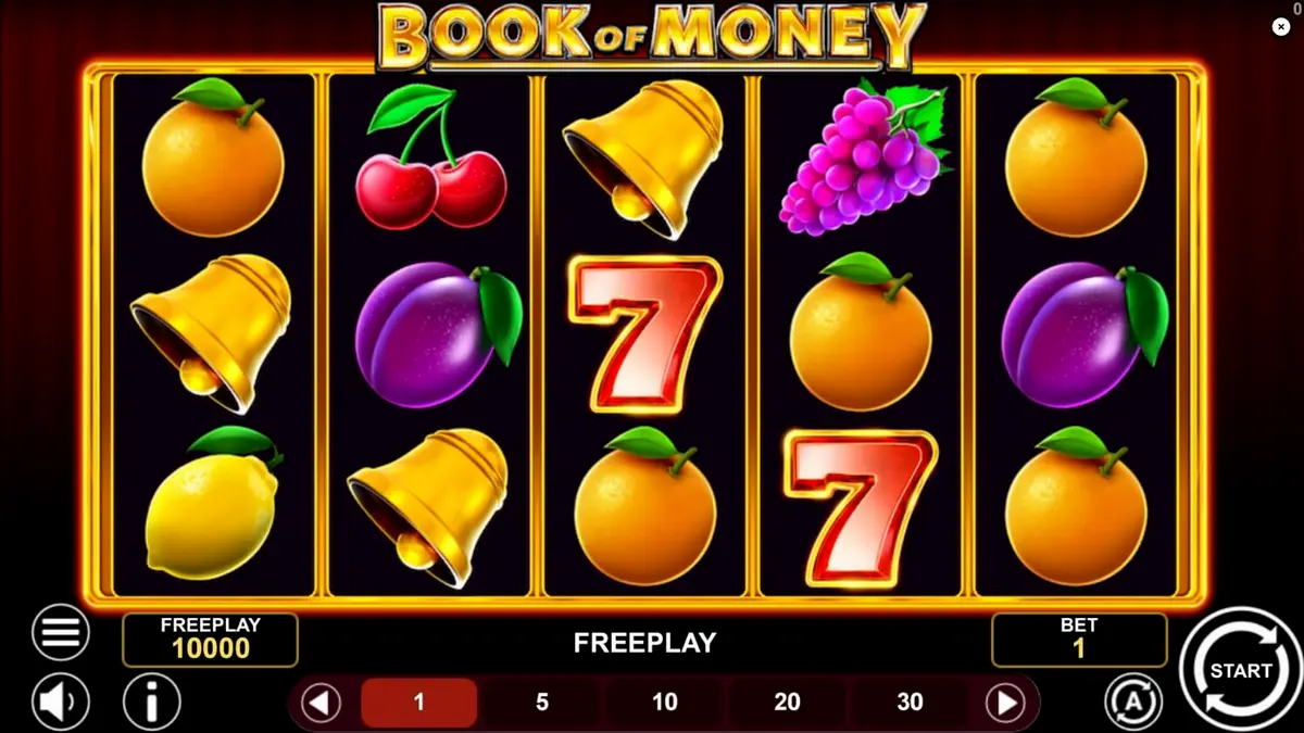 Tampilan visual slot Book of Money dengan simbol buah dan buku kuno