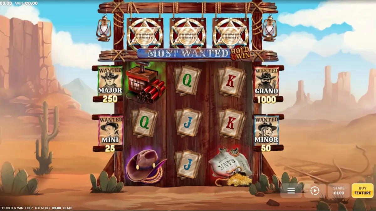 Tampilan visual slot Most Wanted: Hold & Win dengan tema Wild West yang ikonik