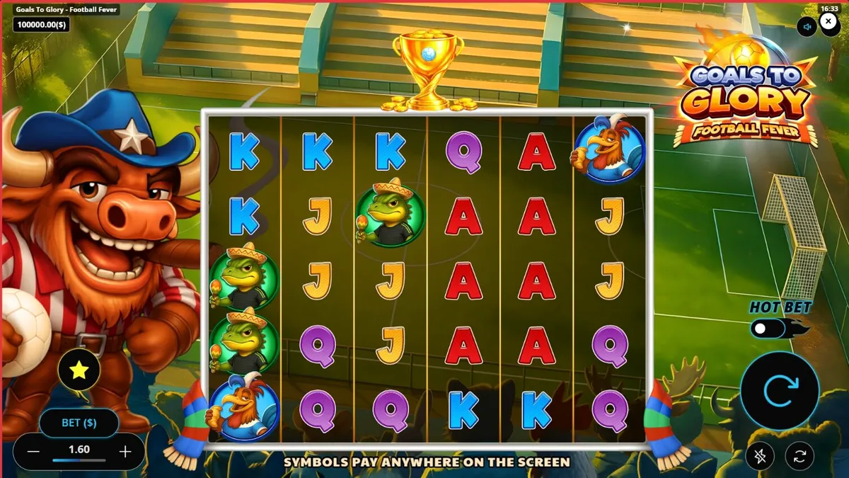 Tampilan visual slot Goals to Glory Football Fever dengan karakter hewan pemain sepak bola